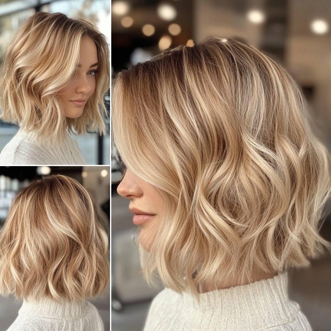 Honey blonde lob with soft balayage waves