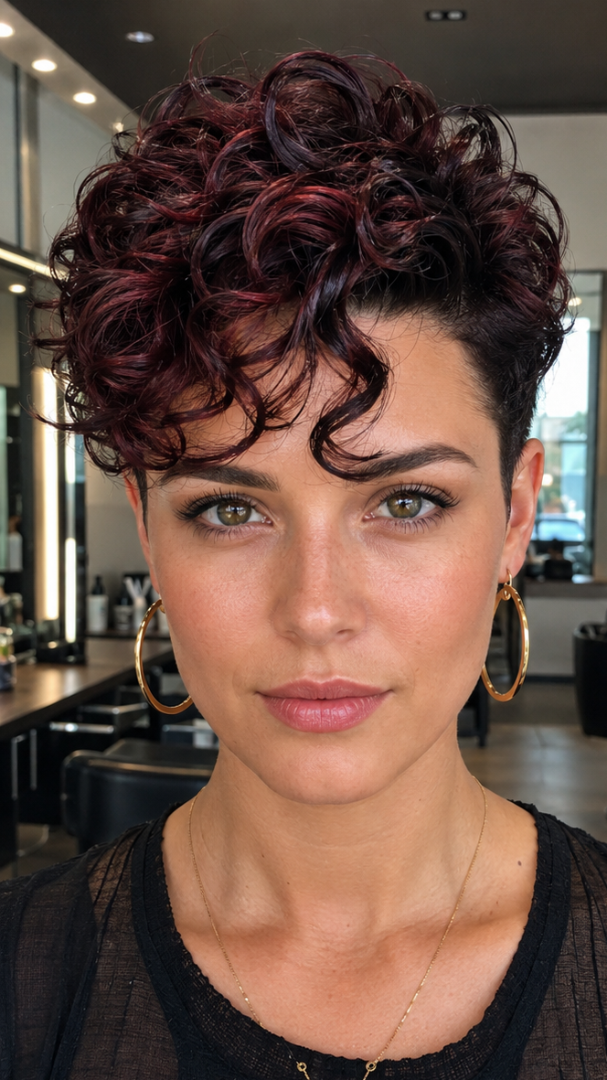 Burgundy Curly Pixie Hair