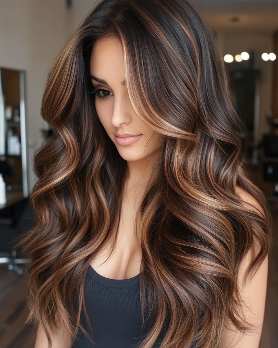 Brunette Waves with Golden Caramel Ribbons