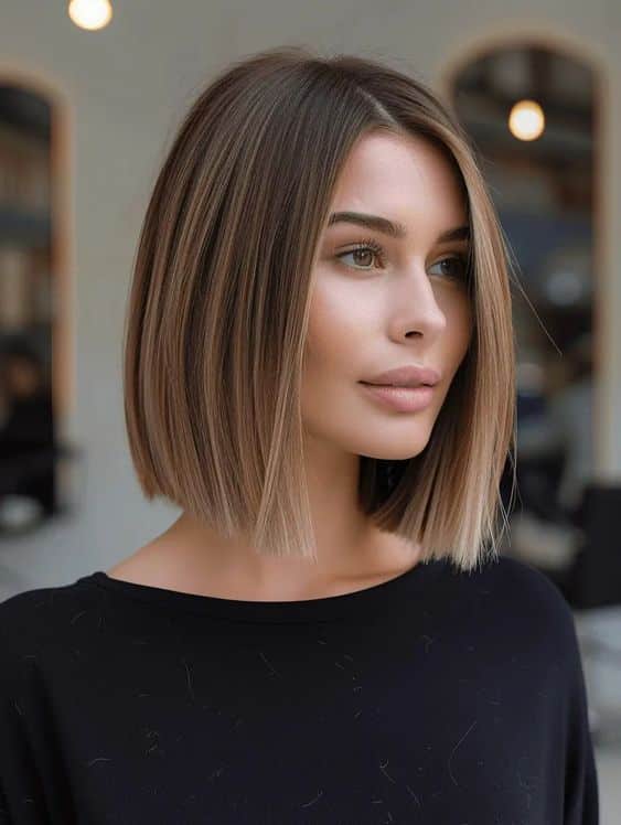 Chestnut Brown Bob With Subtle Balayage Highlights