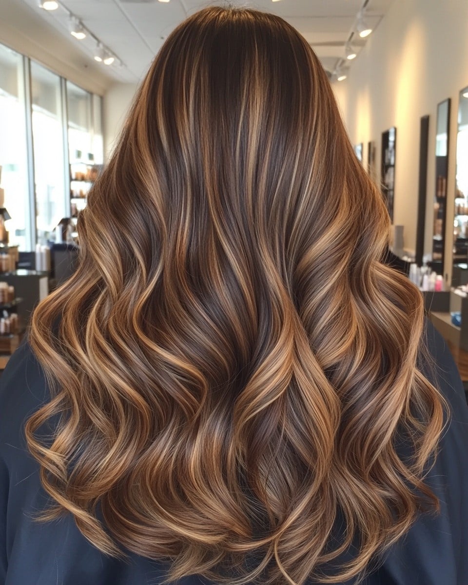 Warm Caramel Balayage on Deep Brunette