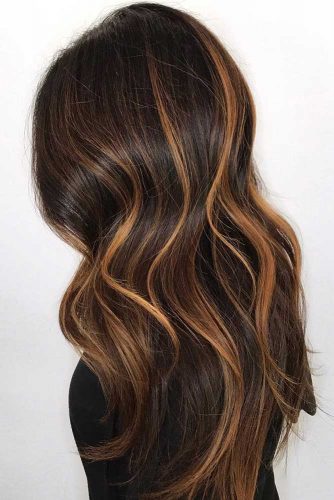 Deep Brown With Golden Streaks #brownhair #brunette #highlights