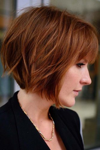 Light Auburn Short Layered Bob Haircut With Bangs #bobhaircuts #haircuts #layeredbob #shortbob #auburnhair