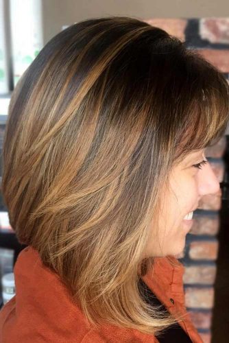 Lob Haircut With Bangs #bobhaircuts #haircuts #invertedbob #shortbob #caramelhighlights