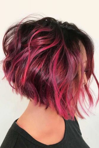 Pink And Brown Angled Asymmetrical Short Bob #shortbob #shortbobhairstyles #hairstyles #bobhairstyles