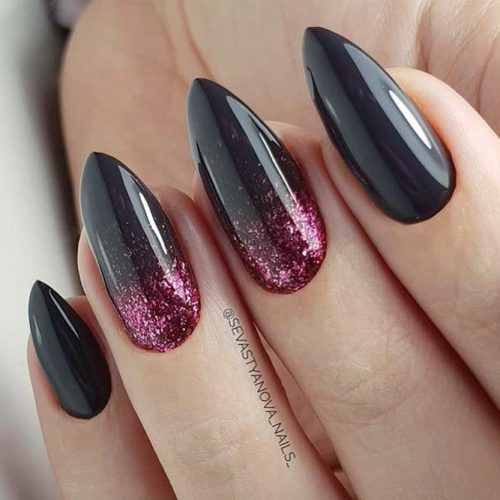 Black Almond Nails Design With Pink Glitter #pinkglitter #almondnails