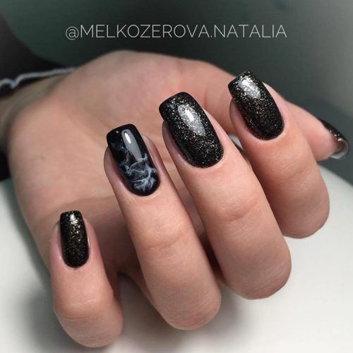 Black Glitter Nails With Marble Accent #marblenails