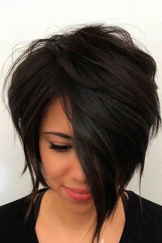 Brunette Layered Asymmetrical Bob #asymmetricalbob #brunettehair