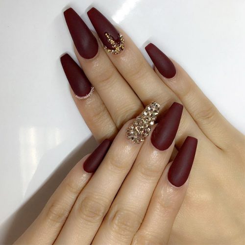 Burgundy And Gold Rhinestones Nail Designs #rhinestonesnails #coffinnails