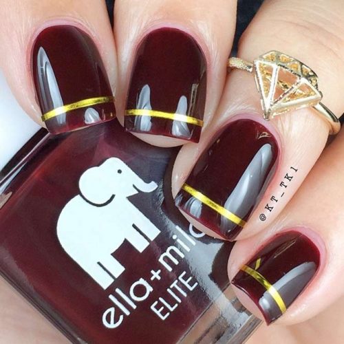 Burgundy And Gold Stripes Nail Designs #shortnails #squarenails