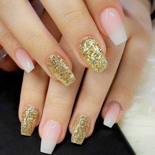 French Fade And Gold Glitter Nails #glitternails #ombrenails