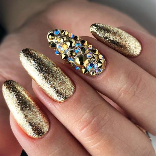 Gold Nail Design With Crystals Accent #crystals