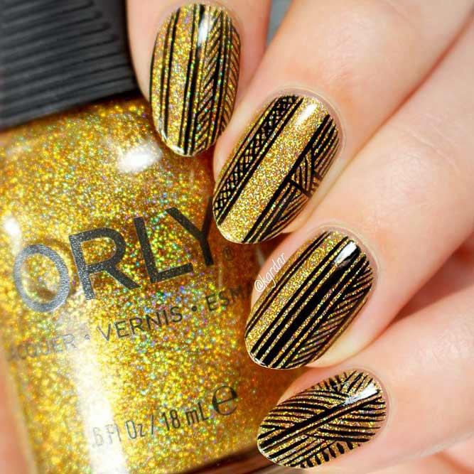 Gold Nails With Stamping Picture 1