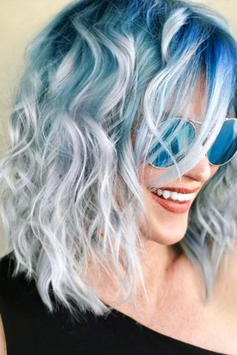 Long Layered Bob Hair Style For Curly Hair #bluehair #curlybob #bobhaircut