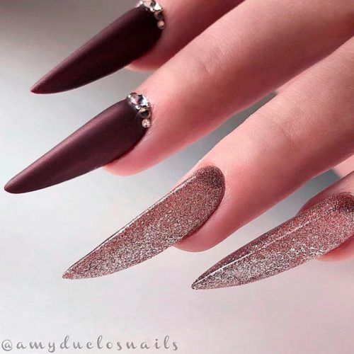 Long Matte Burgundy Nils with Rhinestones And Glitter #glitternails #rhinestonesnails 