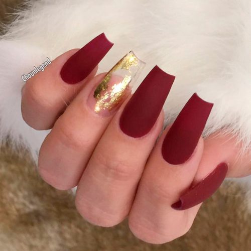 Matte Burgundy And Gold Nail Designs #longnails #burgundynails