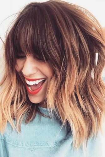 Medium Length Hairstyles With Bangs #mediumlengthhairstyles #mediumhair #hairstyles #longbang #caramelombre