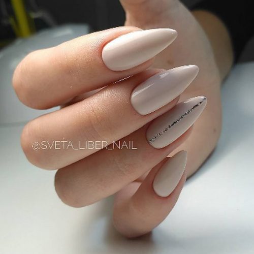 Nude Almond Nails With A Glitter Stripe #nudenails