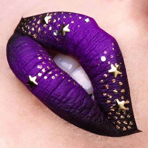 Purple Lipstick With Gold Stars Art #goldstars