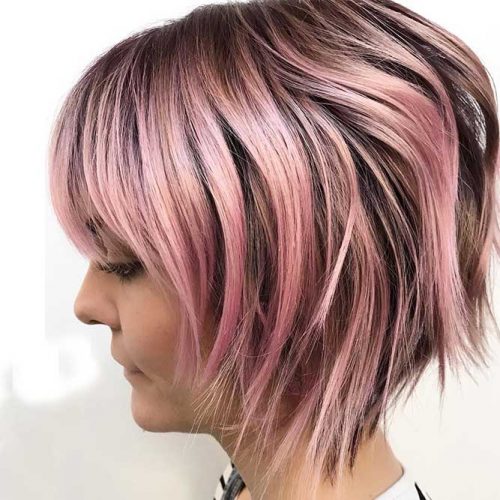 Short Layered Bob with Bangs #bobhaircut #shortbob #bobwithbangs #layeredhair #pinkhair