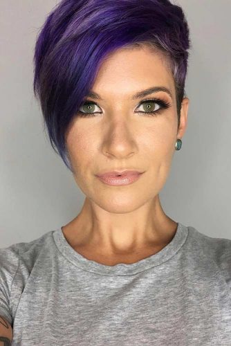 Side Parted Purple Long Pixie #shorthaircuts #pixiecut #purplehair