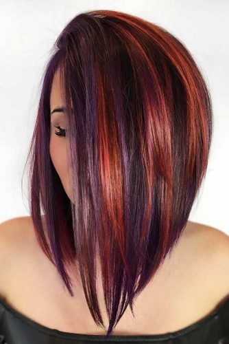 Sleek Long Brunette Bob with Purple Highlights #invertedbob #longbob #bobhaircut #purplehair