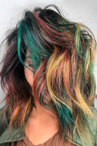 Splash Of Color and Bob Haircut #messybob #layeredbob #sidesweptbangs #rainbowhair