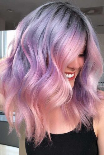 Two-Toned Hair Color Trend #longbob #wavyhair #rosegoldhair #purplehair