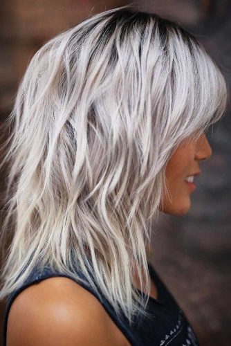 Voluminous Long Silver Bob With Bangs #mediumhair #wavyhair #layeredhair