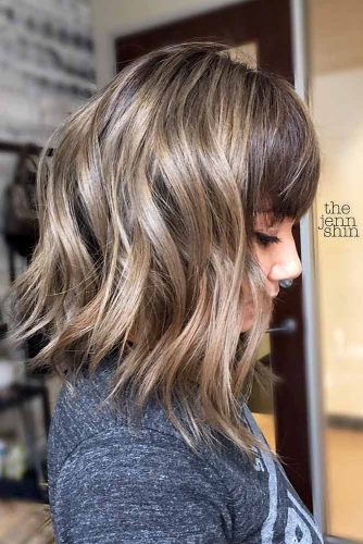 Wavy Angled Lob With Bangs #longbob #bobhaircut #haircuts #bangs #angledbob