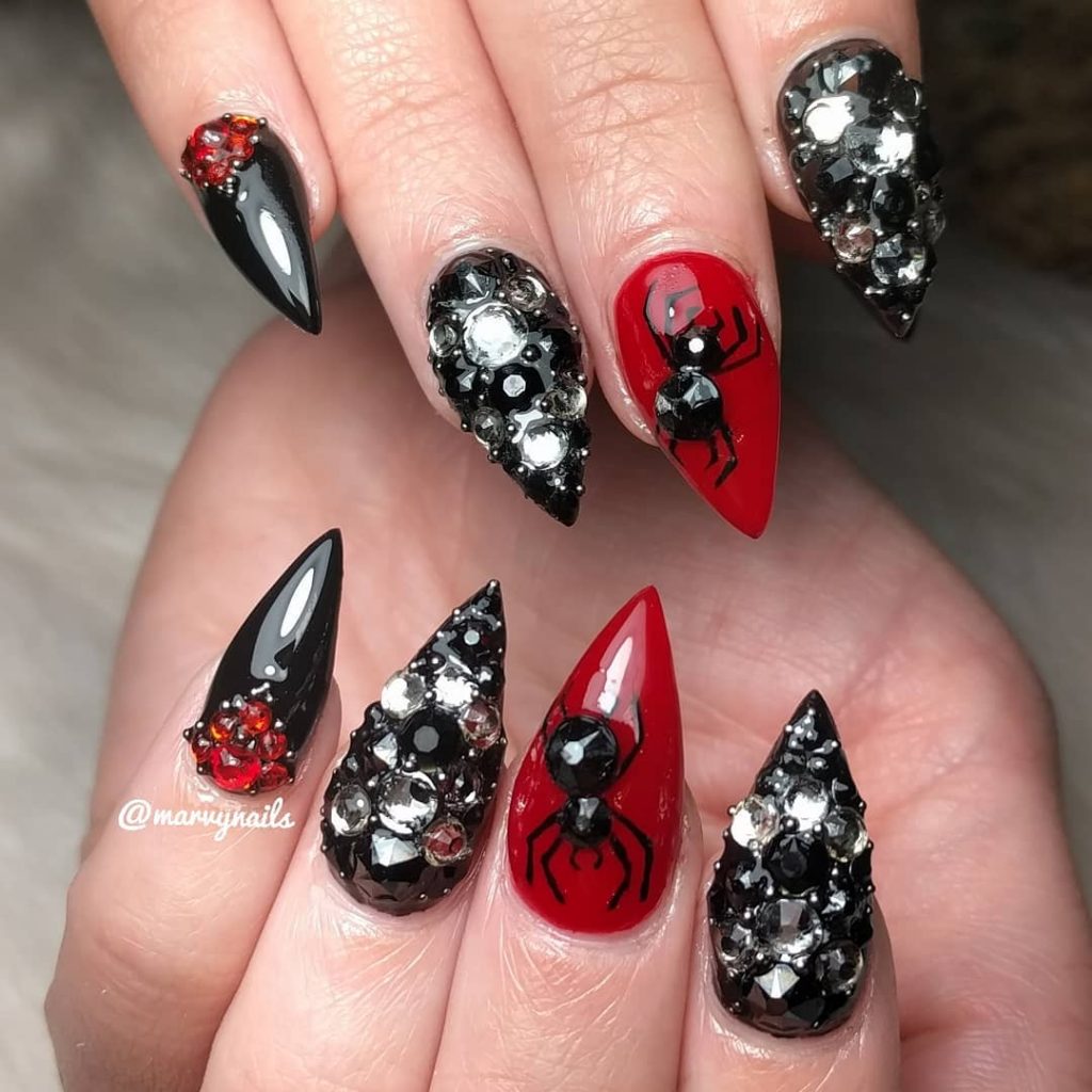 Amazing Black with Crystals Halloween Nails with Accent Spiderweb Red Nail