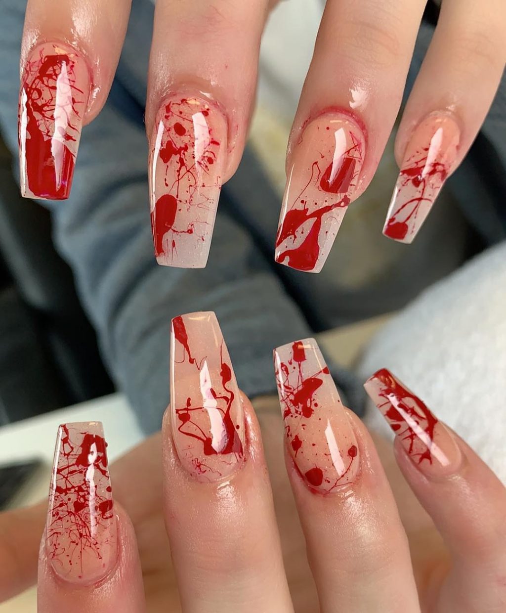 Amazing Bloody Nude Coffin Shaped Halloween Nails