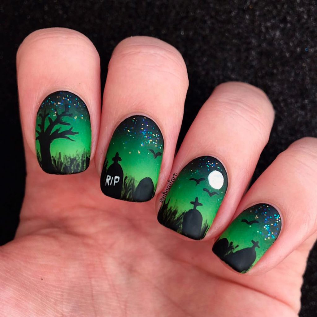 Amazing Green Tombstone Halloween Nails