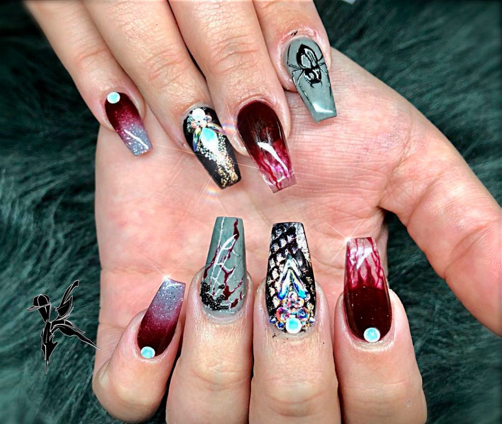 Bloody Coffin Shaped Halloween Nail Idea