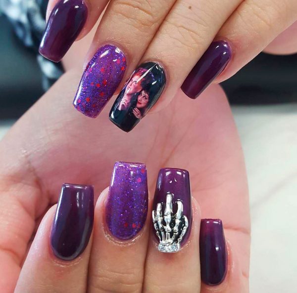 Cute purple Halloween coffin shaped nails!