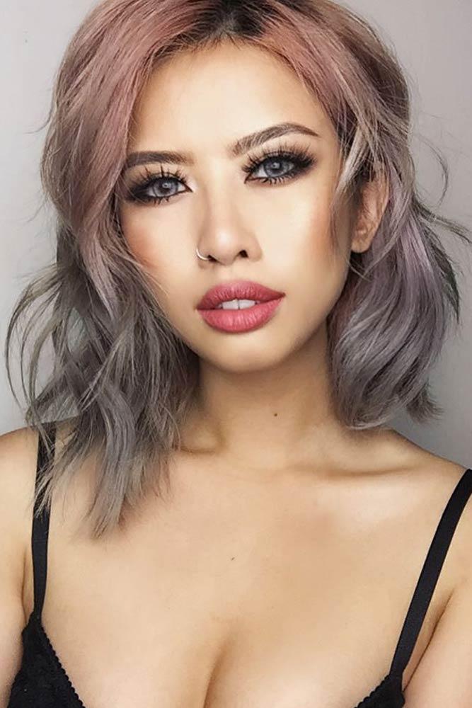 Pink-Grey Layered Asymmetrical Bob #bobhaircut #asymmetricalbob #layeredhair