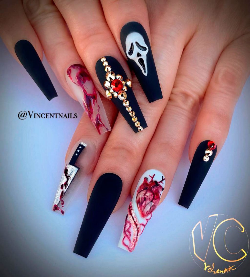 Stunning Black, Bloody & Knife Halloween Long Shaped Coffin Nails