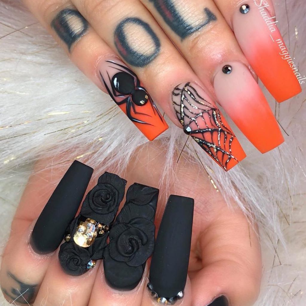 Stunning Ombre Orange Spiderweb & Black Press On Nails