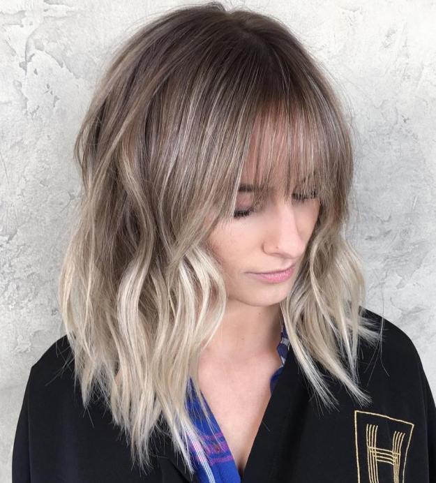 Ash Blonde Balayage Hair With Bangs