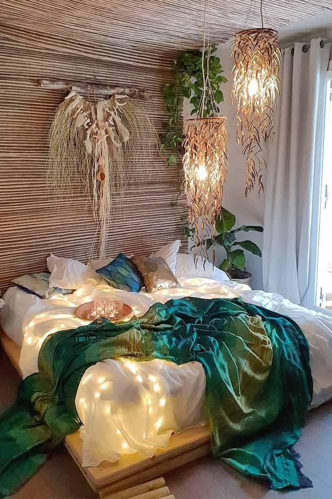 Bedroom In Boho Style With Plants And Lights Accents #walldecor #plants