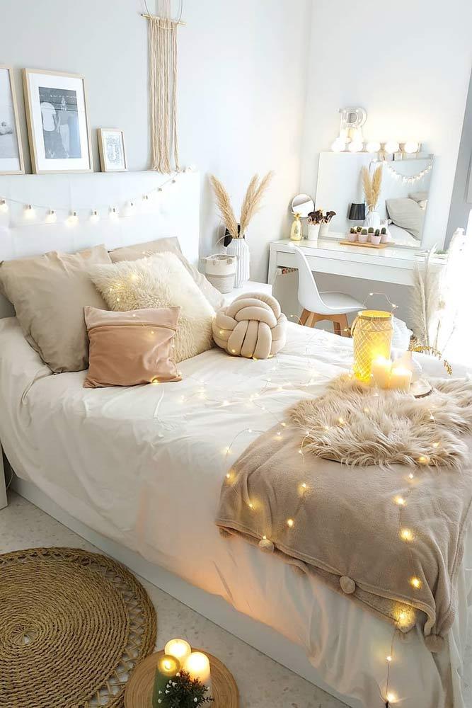 White And Pastel Colors For Bedroom Decor With String Lights Accents #pastelcolors