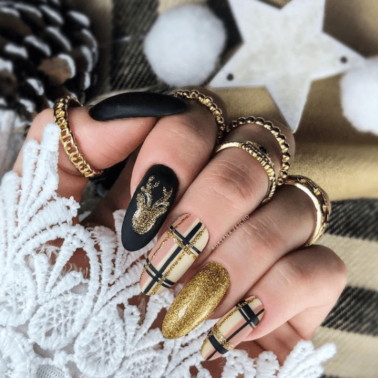 black gold and plaid holiday nail designs