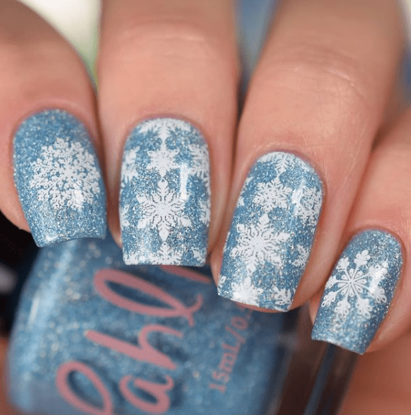 blue and white winter nail designs with snowflakes