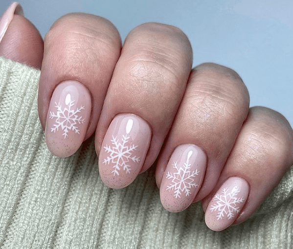 french pink nails with snowflake nail art