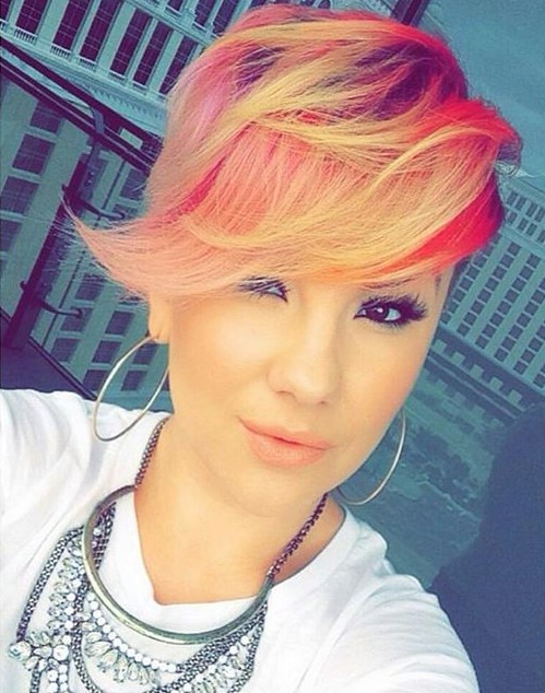 longer pixie cut with long bangs - pink red yellow color