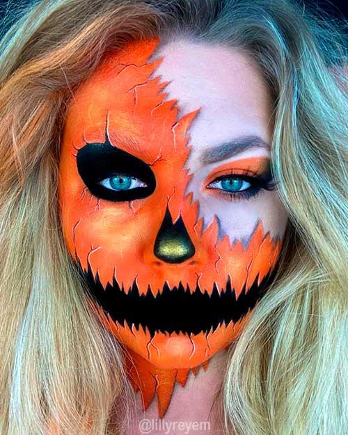 Broken pumpkin makeup idea for Halloween 2021, Halloween makeup ideas 2021