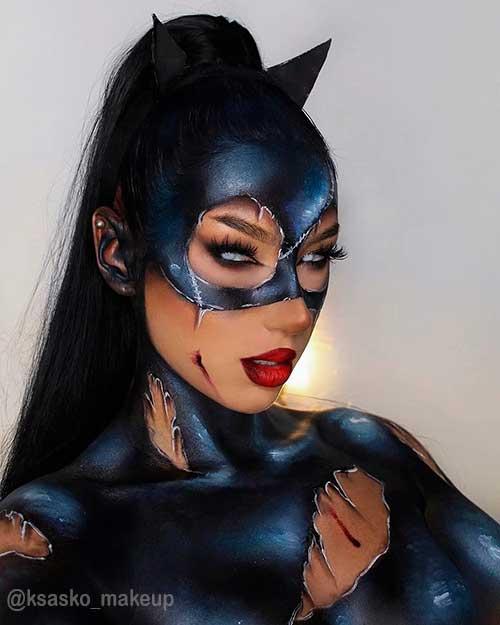 Scary Halloween catwoman makeup, try this creepy but cool Halloween makeup ideas 2021