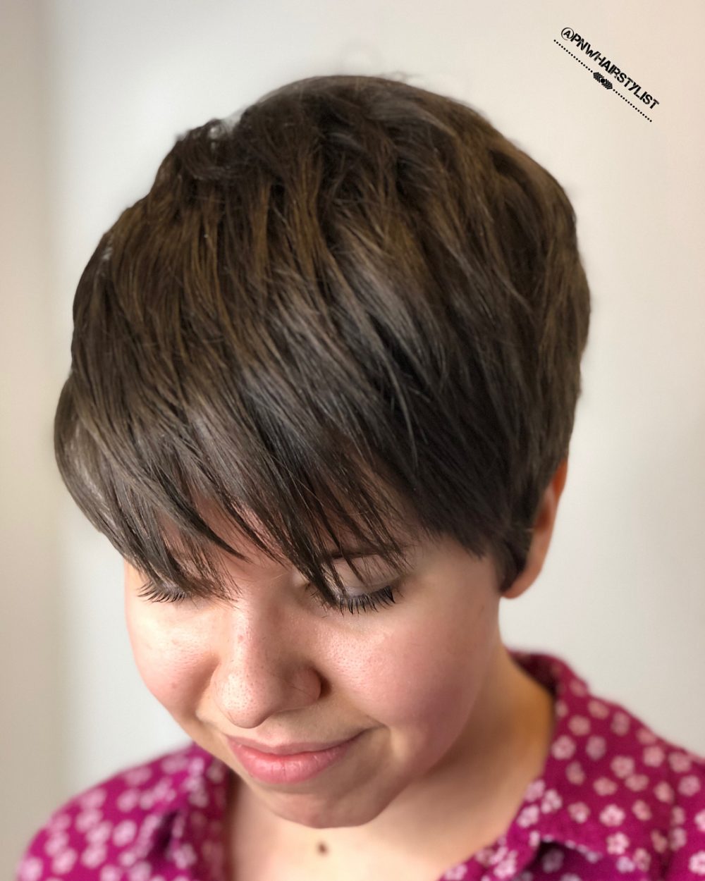 A chic textured pixie bob for short thick hair