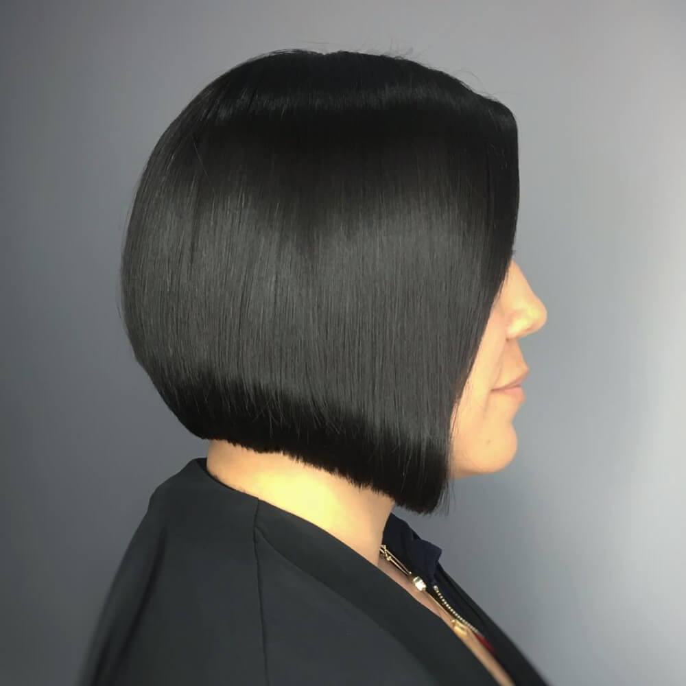 A jet black short chin length bob haircut