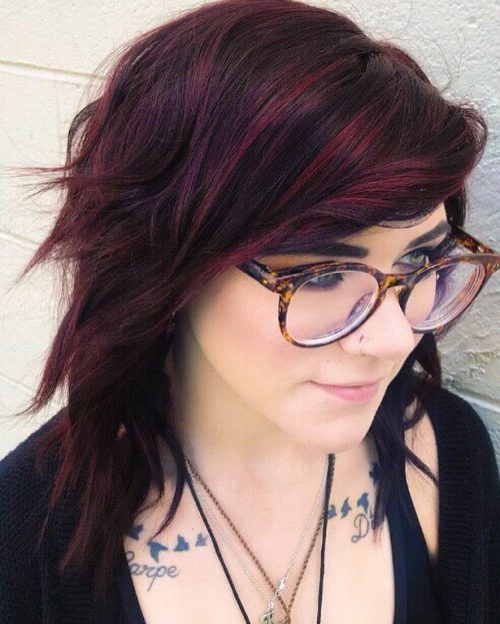 Burgundy Highlights on Short Dark Hair with Side Bangs